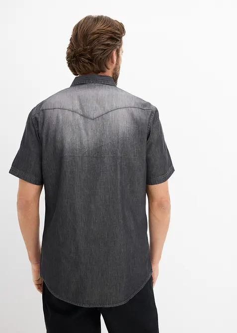 Kort&auml;rmad jeansskjorta i ekologisk bomull, smal passform, bonprix