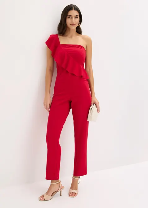 Jumpsuit i one shoulder-modell av kr&auml;pp med struktur, bonprix