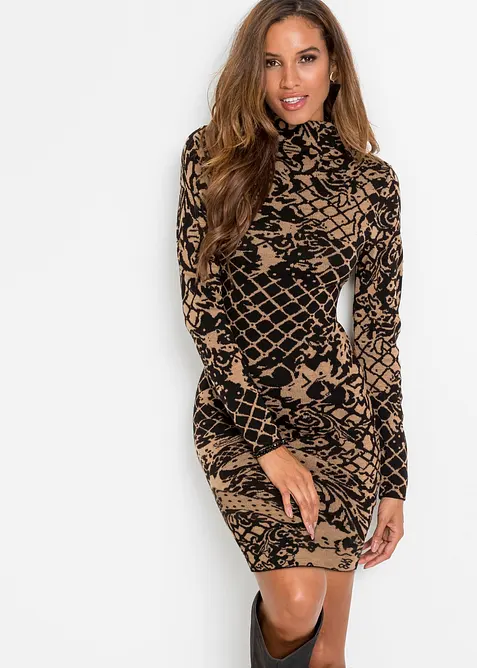 Figurframh&auml;vande stickad kl&auml;nning med st&aring;krage, bonprix