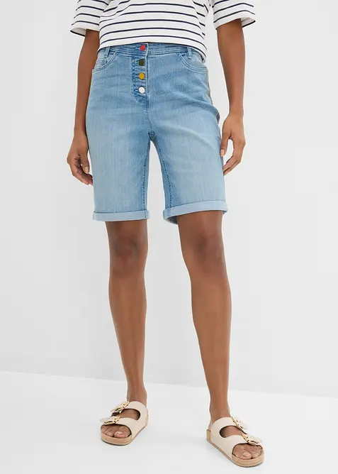 Jeansbermudas Mid Waist med broderi och bekv&auml;m midja, bonprix