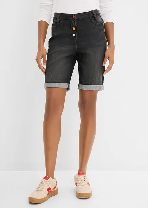 Jeansbermudas Mid Waist med broderi och bekv&auml;m midja, bonprix