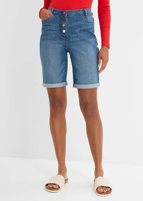 Jeansbermudas Mid Waist med broderi och bekv&auml;m midja, bonprix