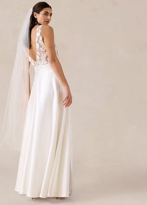 Brudkl&auml;nning i glansig satin med blomapplikation, bonprix