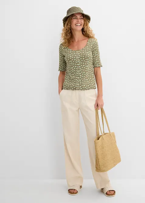 Ribbad topp med blomm&ouml;nster, halv &auml;rm, bonprix