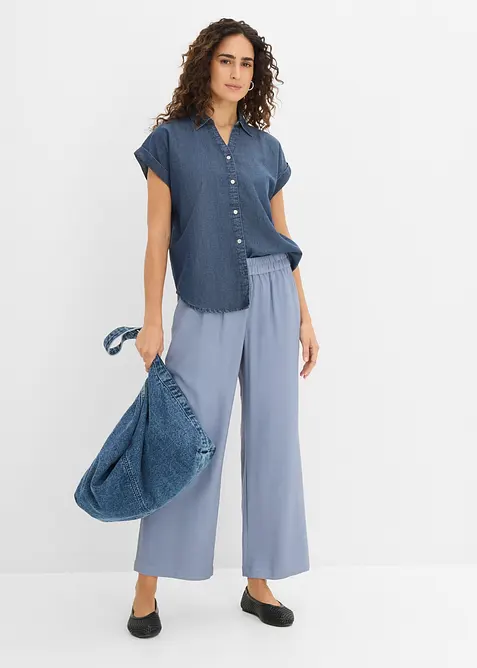 Kort&auml;rmad jeansblus med linneandel, bonprix