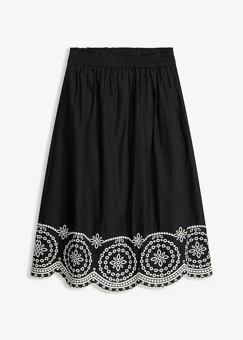 Mellanl&aring;ng kjol i bomull med h&aring;lbroderi, bonprix