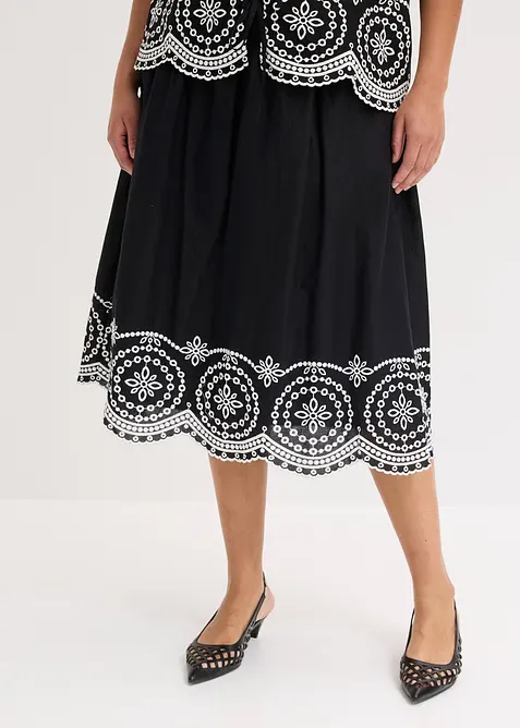 Mellanl&aring;ng kjol i bomull med h&aring;lbroderi, bonprix