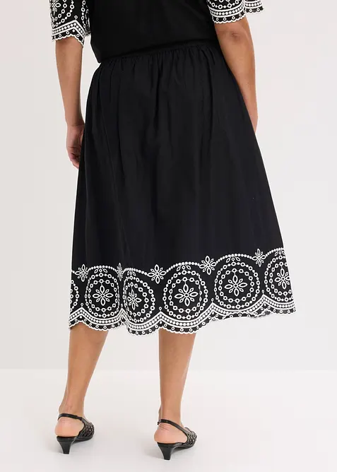 Mellanl&aring;ng kjol i bomull med h&aring;lbroderi, bonprix