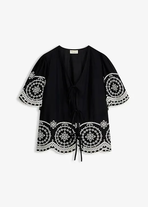 Blus i bomull med h&aring;lbroderi, bonprix