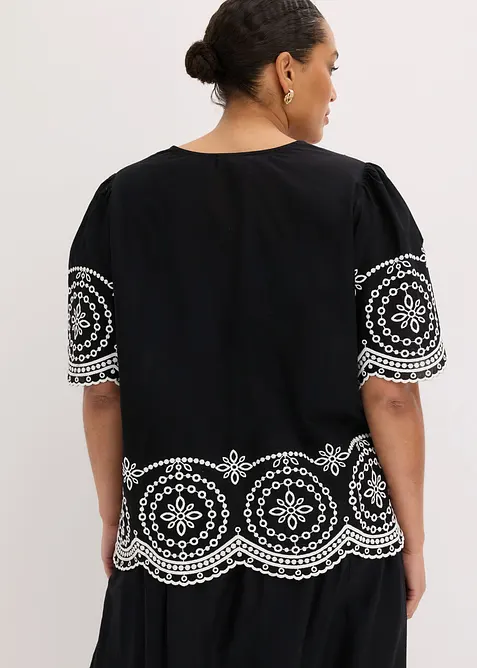 Blus i bomull med h&aring;lbroderi, bonprix