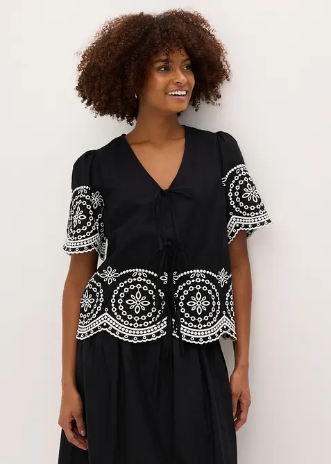 Blus i bomull med h&aring;lbroderi, bonprix