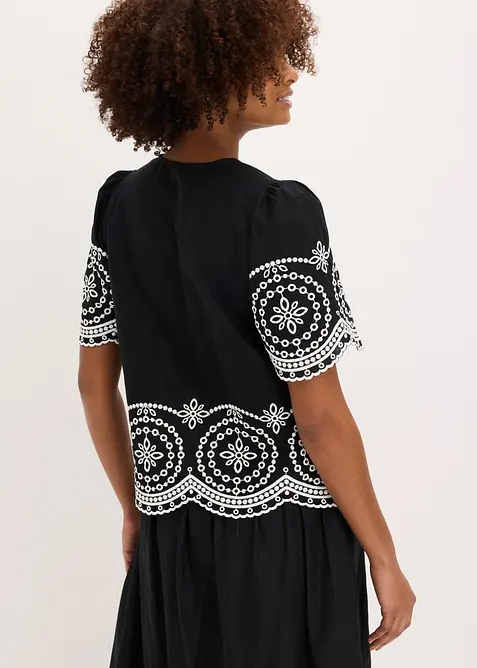 Blus i bomull med h&aring;lbroderi, bonprix