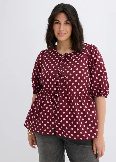 Blus i bomull med knytband, bonprix
