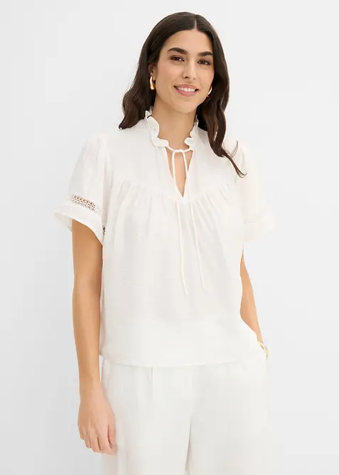 Kort&auml;rmad blus med spetsinf&auml;llning, bonprix