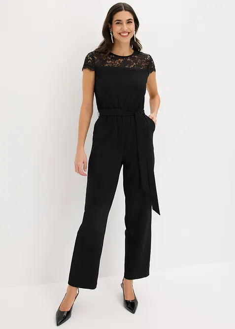 Jumpsuit i fintr&aring;dig jersey med spets, bonprix