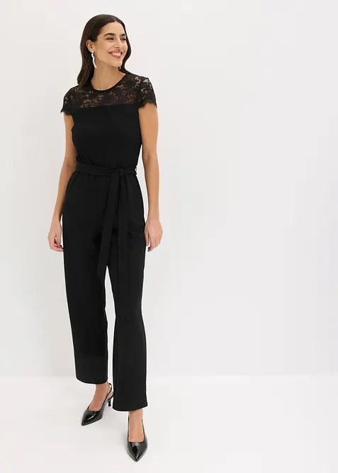 Jumpsuit i fintr&aring;dig jersey med spets, bonprix