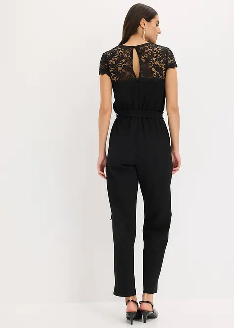 Jumpsuit i fintr&aring;dig jersey med spets, bonprix