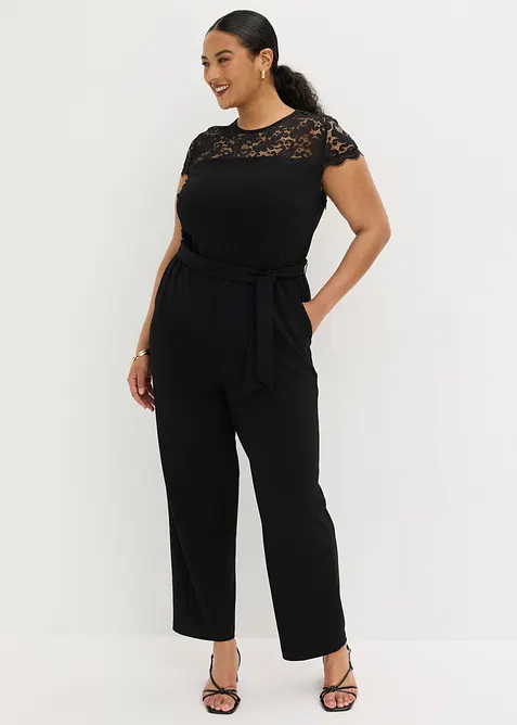 Jumpsuit i fintr&aring;dig jersey med spets, bonprix