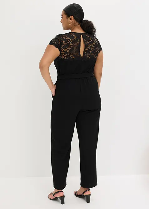 Jumpsuit i fintr&aring;dig jersey med spets, bonprix
