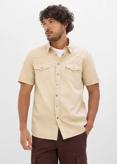 Jeansskjorta, kort&auml;rmad av f&auml;rgad denim, Slim fit, bonprix