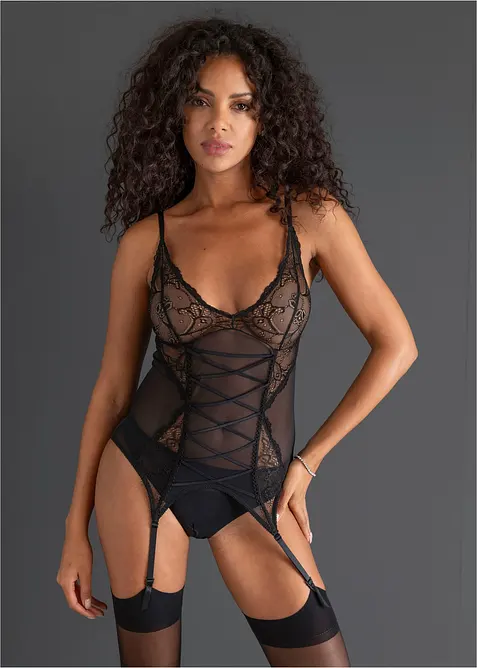 Topp med strumpehandsh&aring;llare och stringtrosa (2 delar), bonprix