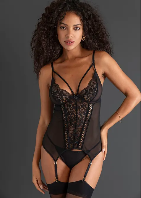 Korsett med strumpebandsh&aring;llare och stringtrosa (2 delar), bonprix