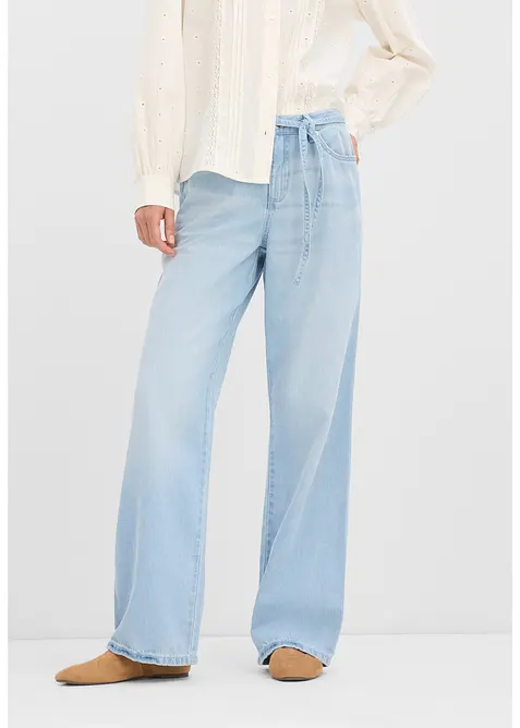 Wide Leg Jeans, Mid Waist, med knytsk&auml;rp, bonprix