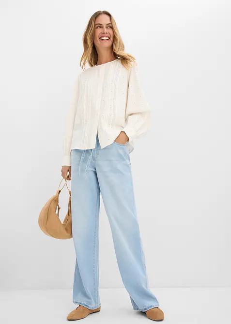 Wide Leg Jeans, Mid Waist, med knytsk&auml;rp, bonprix