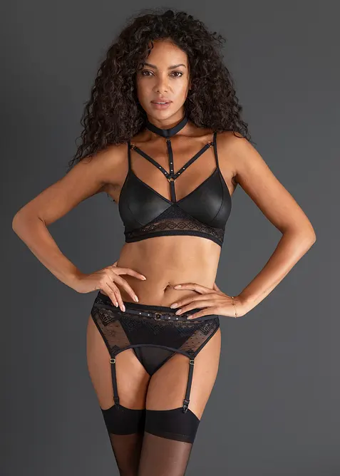 Bralette, stringtrosa och strumpeband (3 delar), bonprix
