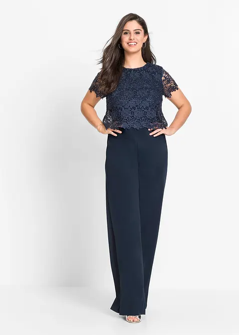 Jumpsuit av stabil trik&aring; med spets, bonprix