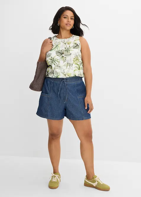 Jeansshorts med res&aring;rlinning och High Waist, bonprix