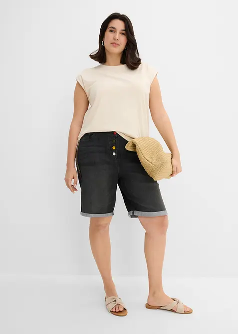 Jeansbermudas Mid Waist med broderi och bekv&auml;m midja, bonprix