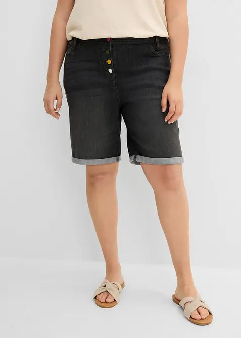 Jeansbermudas Mid Waist med broderi och bekv&auml;m midja, bonprix