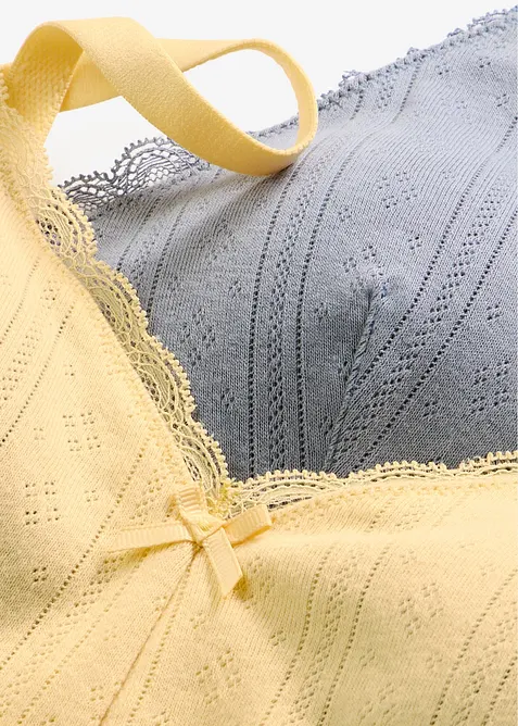 Vadderad bralette utan bygel med h&aring;lstickat m&ouml;nster, av ekologisk bomull (2-pack), bonprix