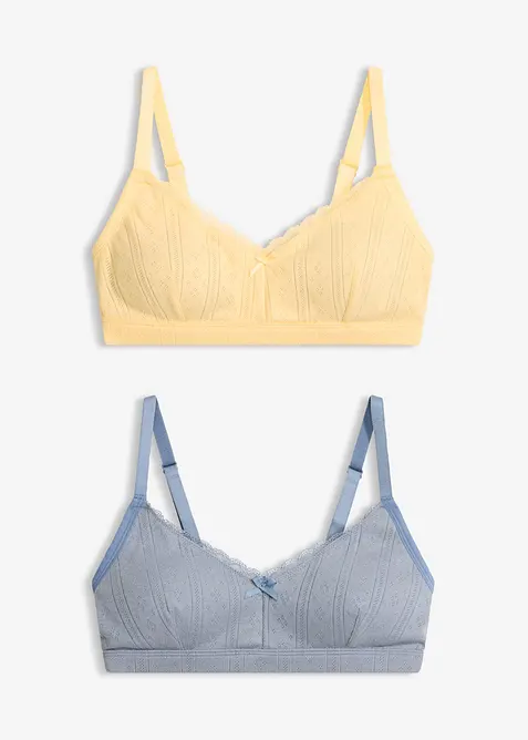 Vadderad bralette utan bygel med h&aring;lstickat m&ouml;nster, av ekologisk bomull (2-pack), bonprix