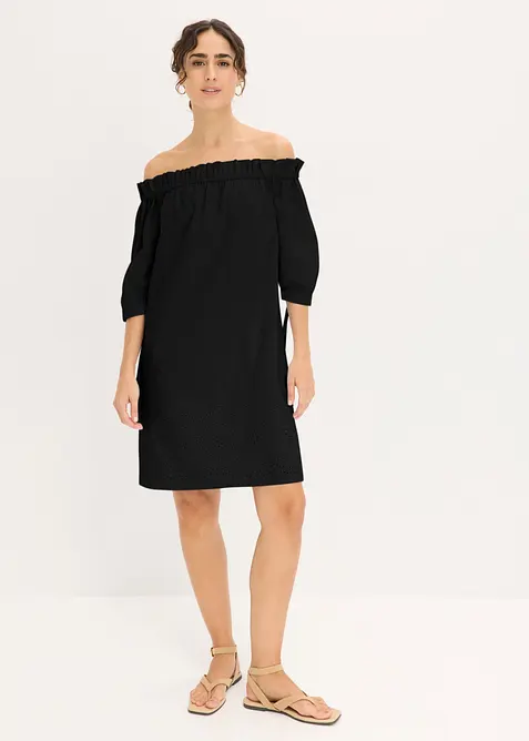 Off shoulder-kl&auml;nning i bomull med h&aring;lbroderi, bonprix