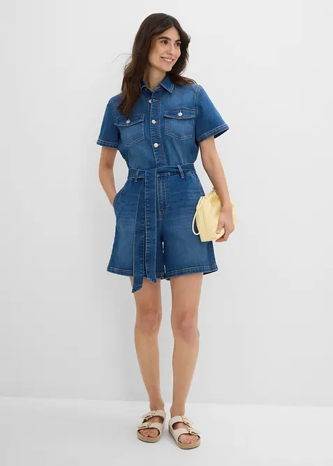 Jeansjumpsuit med korta &auml;rmar, bonprix