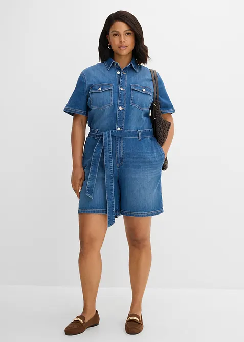 Jeansjumpsuit med korta &auml;rmar, bonprix