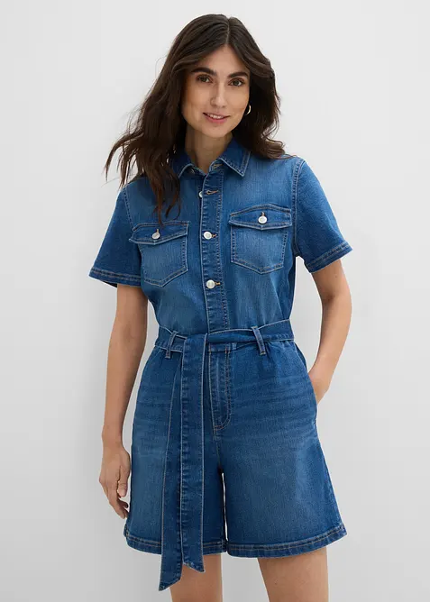 Jeansjumpsuit med korta &auml;rmar, bonprix