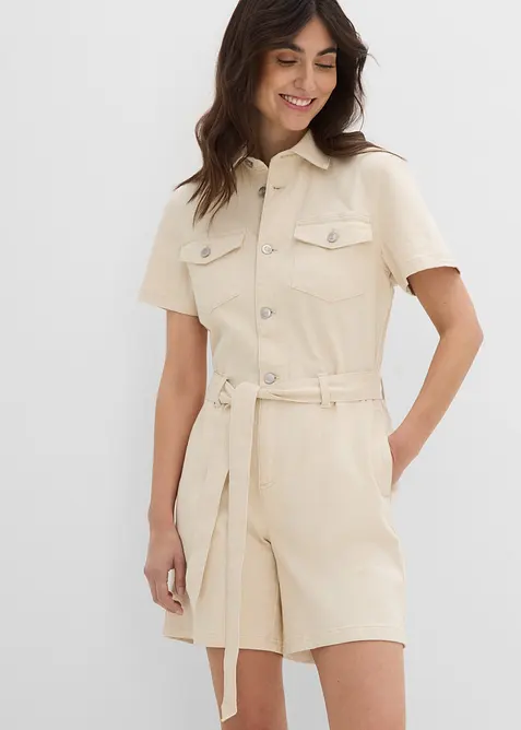 Jeansjumpsuit med korta &auml;rmar, bonprix