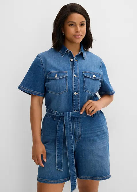 Jeansjumpsuit med korta &auml;rmar, bonprix
