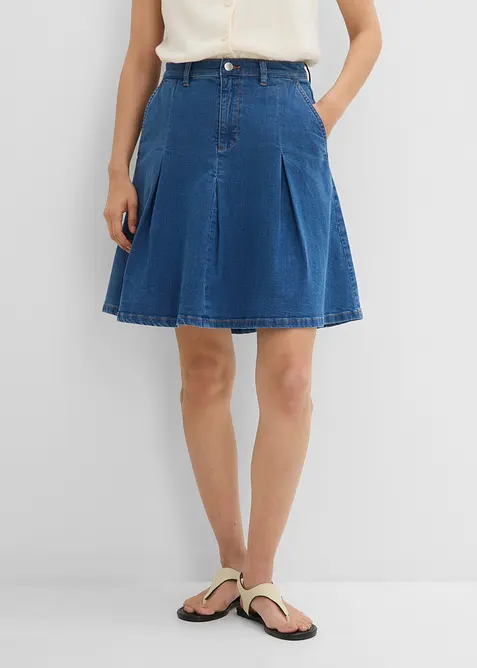 Jeanskjol Mid Waist, med veck, bonprix