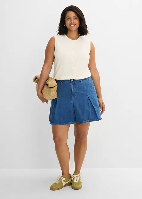 Jeanskjol Mid Waist, med veck, bonprix