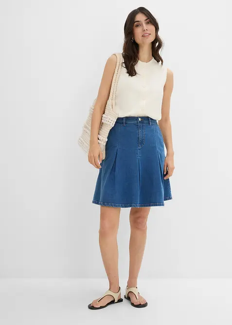 Jeanskjol Mid Waist, med veck, bonprix