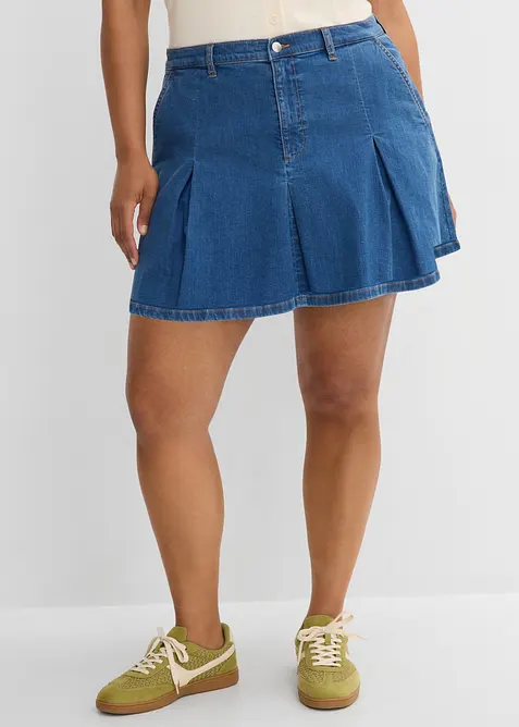 Jeanskjol Mid Waist, med veck, bonprix