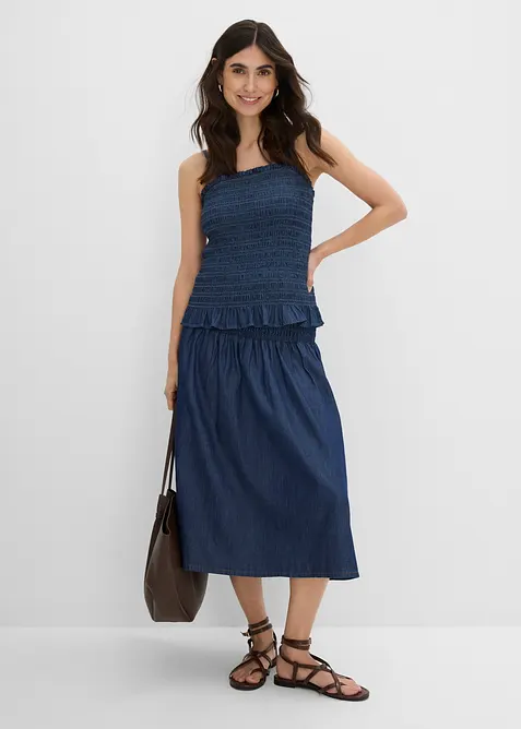 Jeanskjol i midil&auml;ngd, res&aring;rmidja, bonprix