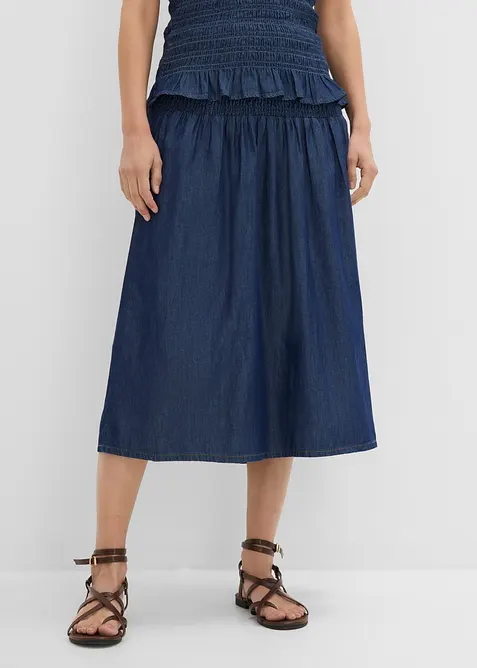 Jeanskjol i midil&auml;ngd, res&aring;rmidja, bonprix