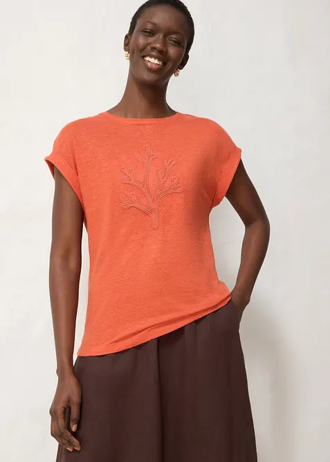 Tunn T-shirt i linne med broderi, bonprix