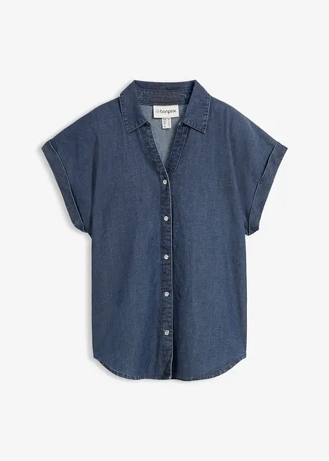 Kort&auml;rmad jeansblus med linneandel, bonprix