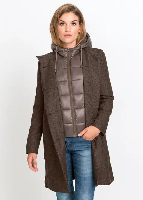 Kort vinterkappa med 2-i-1-look och yllek&auml;nsla, bonprix